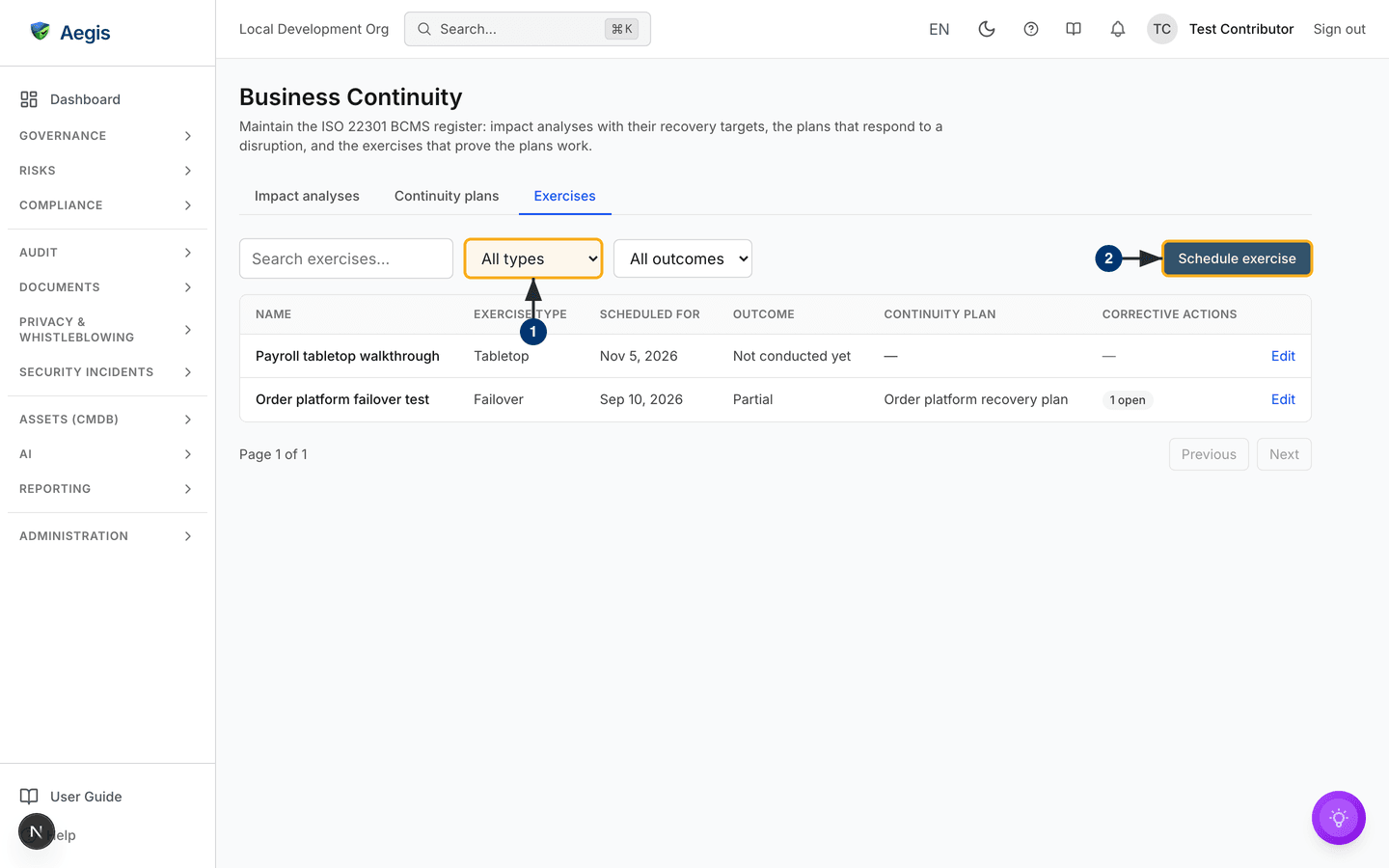 The Exercises tab: type and outcome filters, plans tested and open corrective actions — /continuity?tab=exercises.